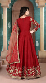 Thumbnail for Anaita Red Embroidered Adda Silk Anarkali Suit - Distacart