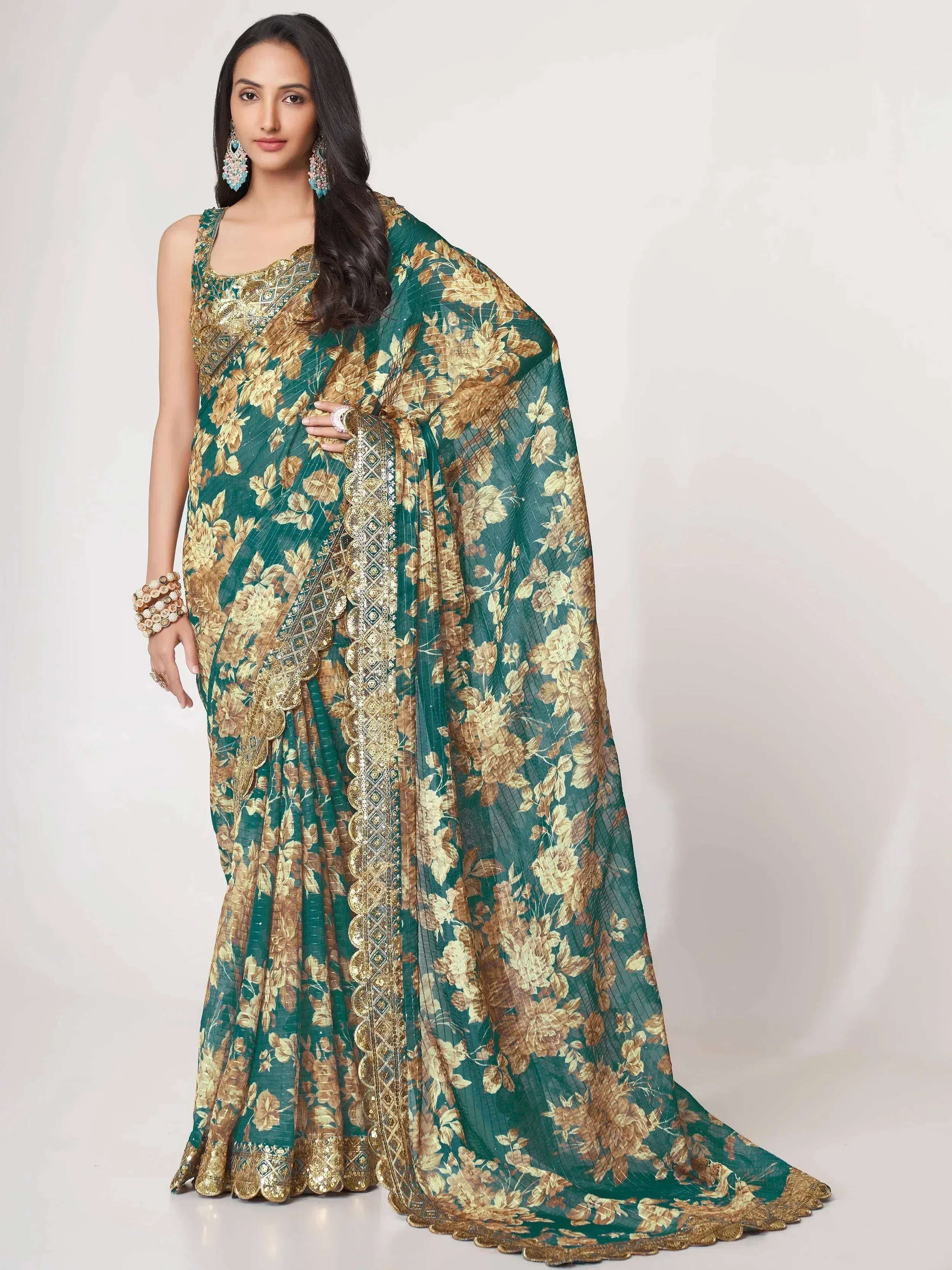 Tulsi Art Bewitching Teal Blue Floral Printed Organza Party Wear Saree - Dista