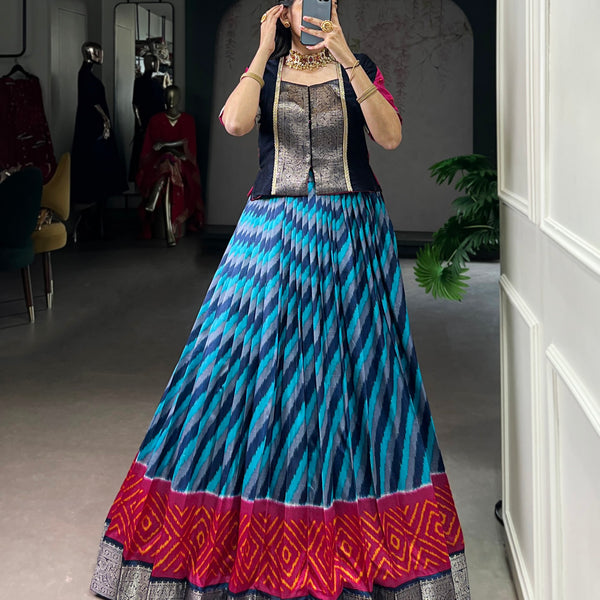 Lorenvalley Fashion Firozi Tasar Silk Leheriya Print With Zari Weaving Work Lehenga Choli - Distacart