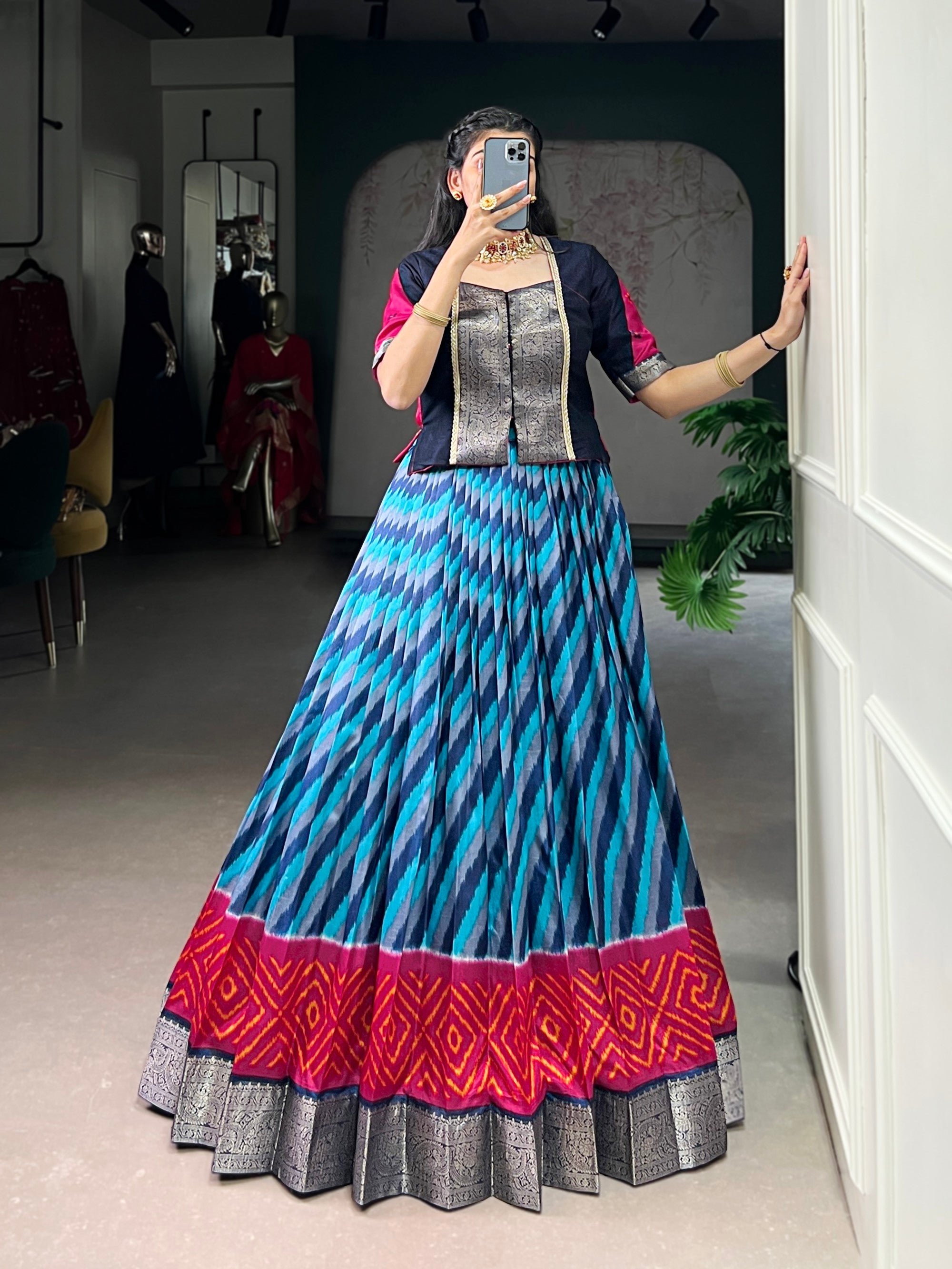 Lorenvalley Fashion Firozi Tasar Silk Leheriya Print With Zari Weaving Work Lehenga Choli