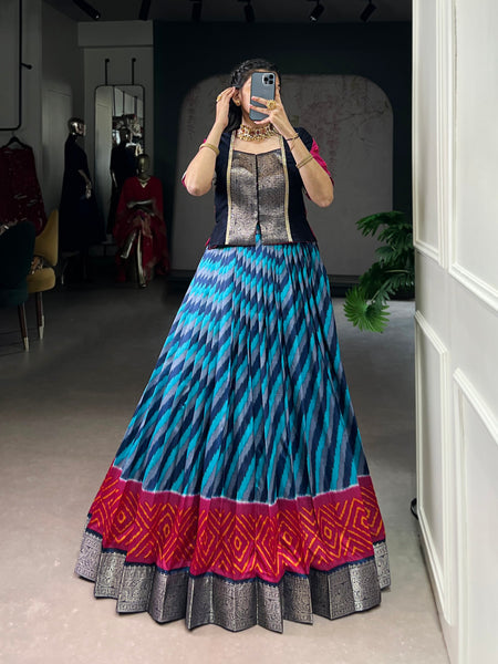 Lorenvalley Fashion Firozi Tasar Silk Leheriya Print With Zari Weaving Work Lehenga Choli