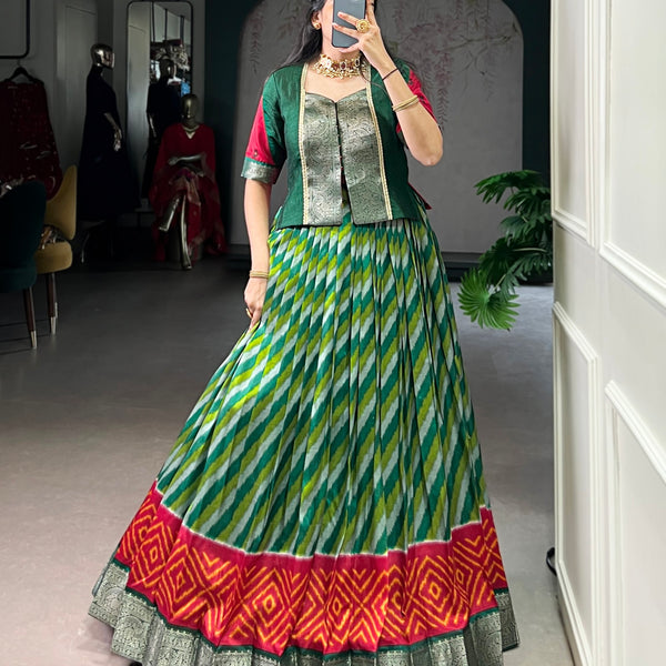 Lorenvalley Fashion Green Tasar Silk Leheriya Print With Zari Weaving Work Lehenga Choli