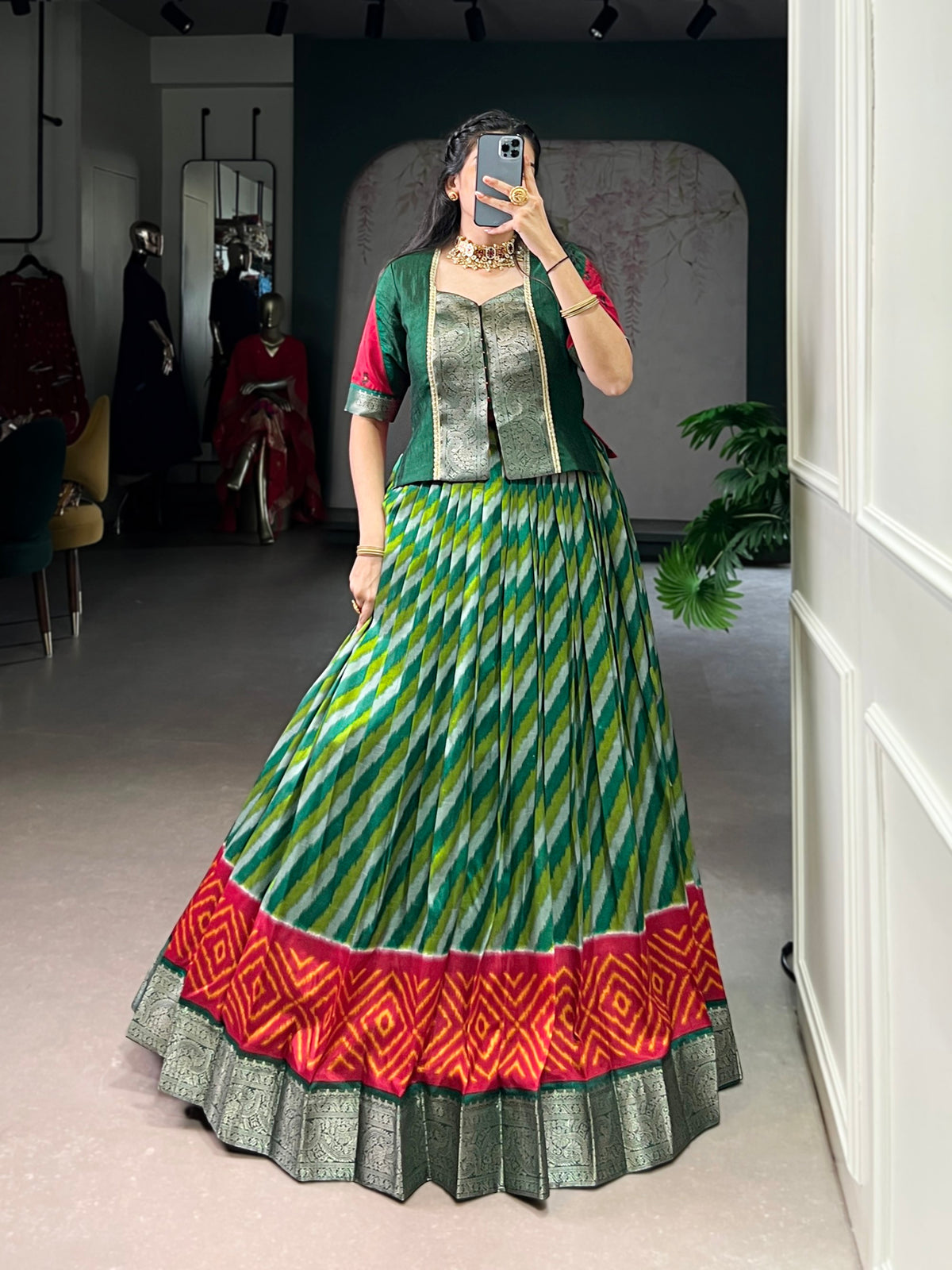 Lorenvalley Fashion Green Tasar Silk Leheriya Print With Zari Weaving Work Lehenga Choli