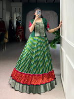 Thumbnail for Lorenvalley Fashion Green Tasar Silk Leheriya Print With Zari Weaving Work Lehenga Choli