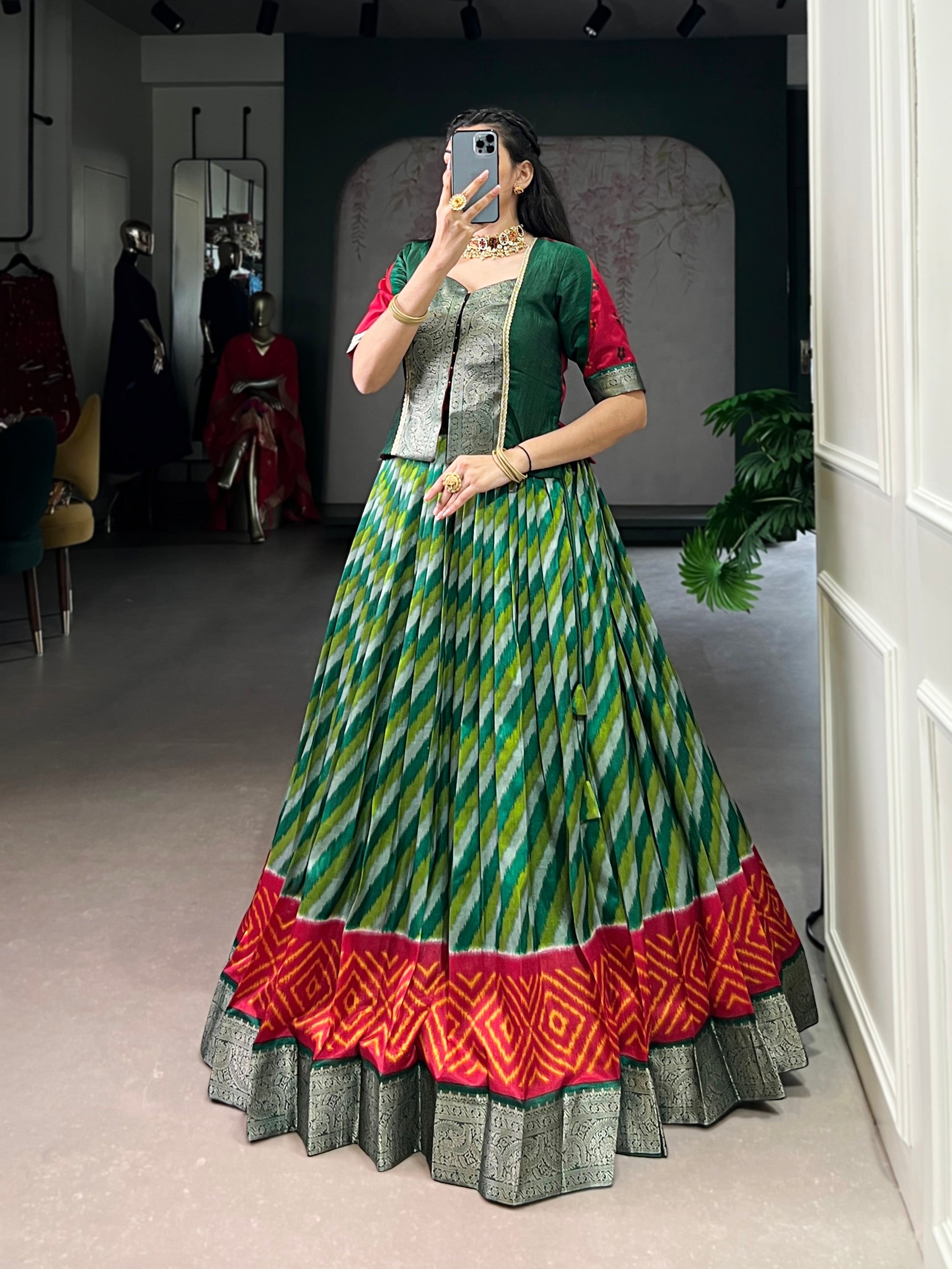 Lorenvalley Fashion Green Tasar Silk Leheriya Print With Zari Weaving Work Lehenga Choli