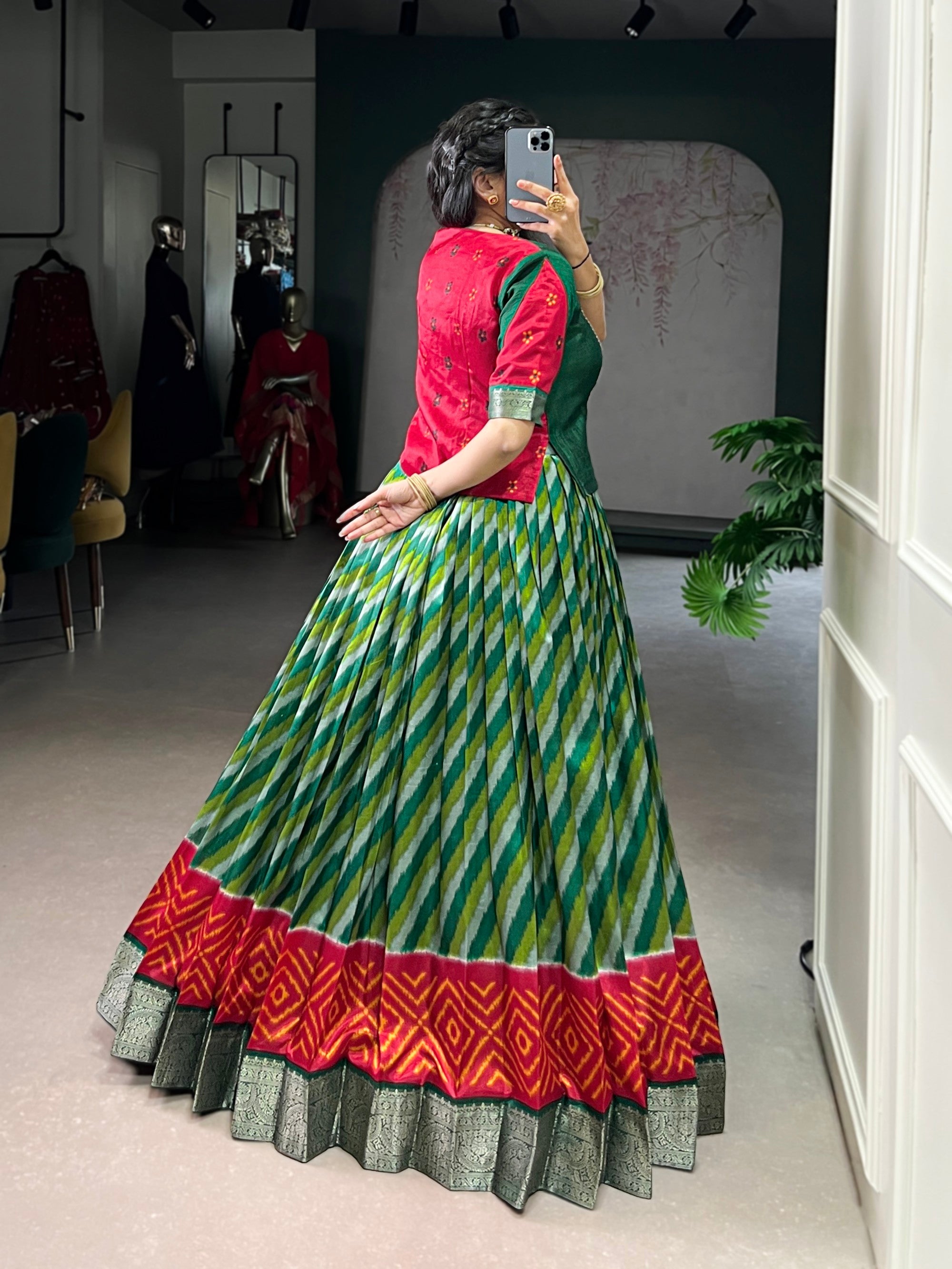 Lorenvalley Fashion Green Tasar Silk Leheriya Print With Zari Weaving Work Lehenga Choli