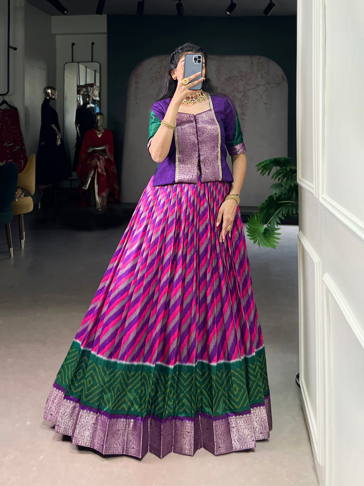 Lorenvalley Fashion Purple Tasar Silk Leheriya Print With Zari Weaving Work Lehenga Choli