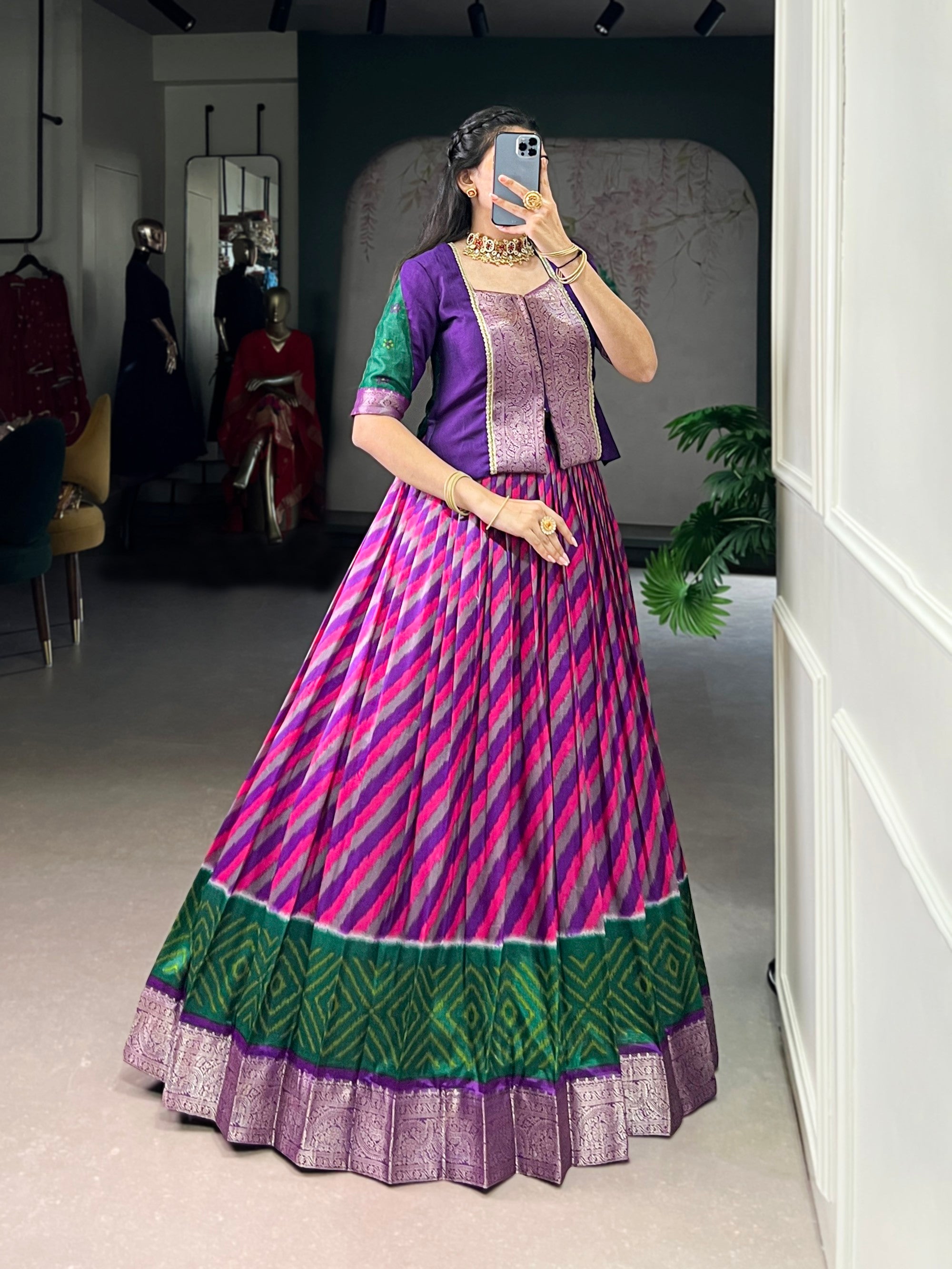 Lorenvalley Fashion Purple Tasar Silk Leheriya Print With Zari Weaving Work Lehenga Choli