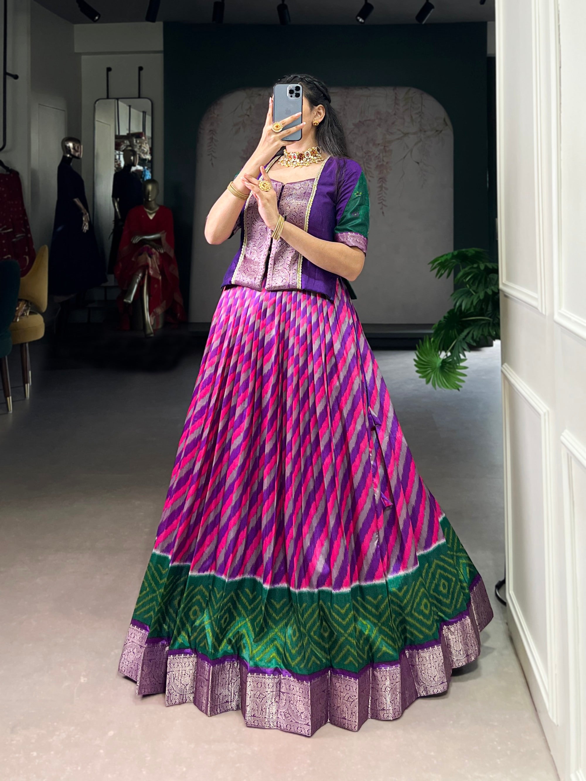 Lorenvalley Fashion Purple Tasar Silk Leheriya Print With Zari Weaving Work Lehenga Choli