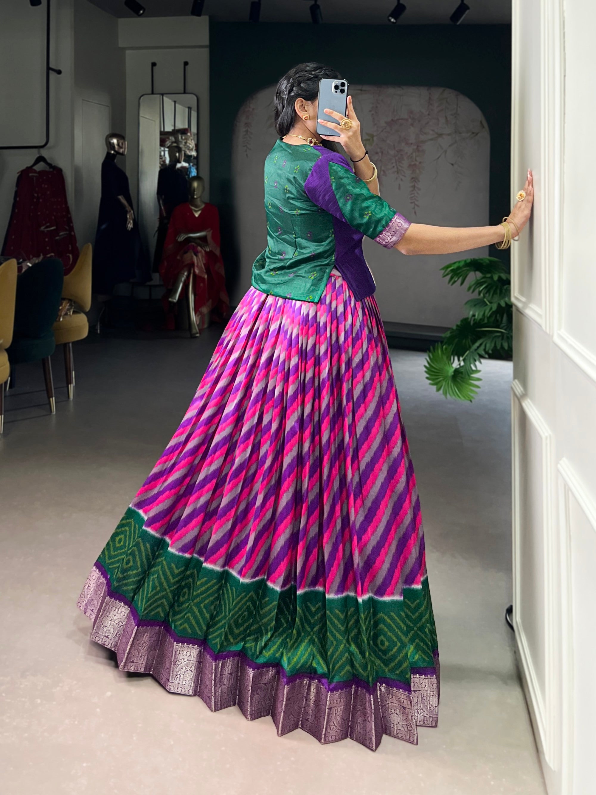 Lorenvalley Fashion Purple Tasar Silk Leheriya Print With Zari Weaving Work Lehenga Choli