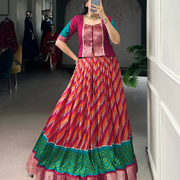 Lorenvalley Fashion Red Tasar Silk Leheriya Print With Zari Weaving Work Lehenga Choli - Distacart
