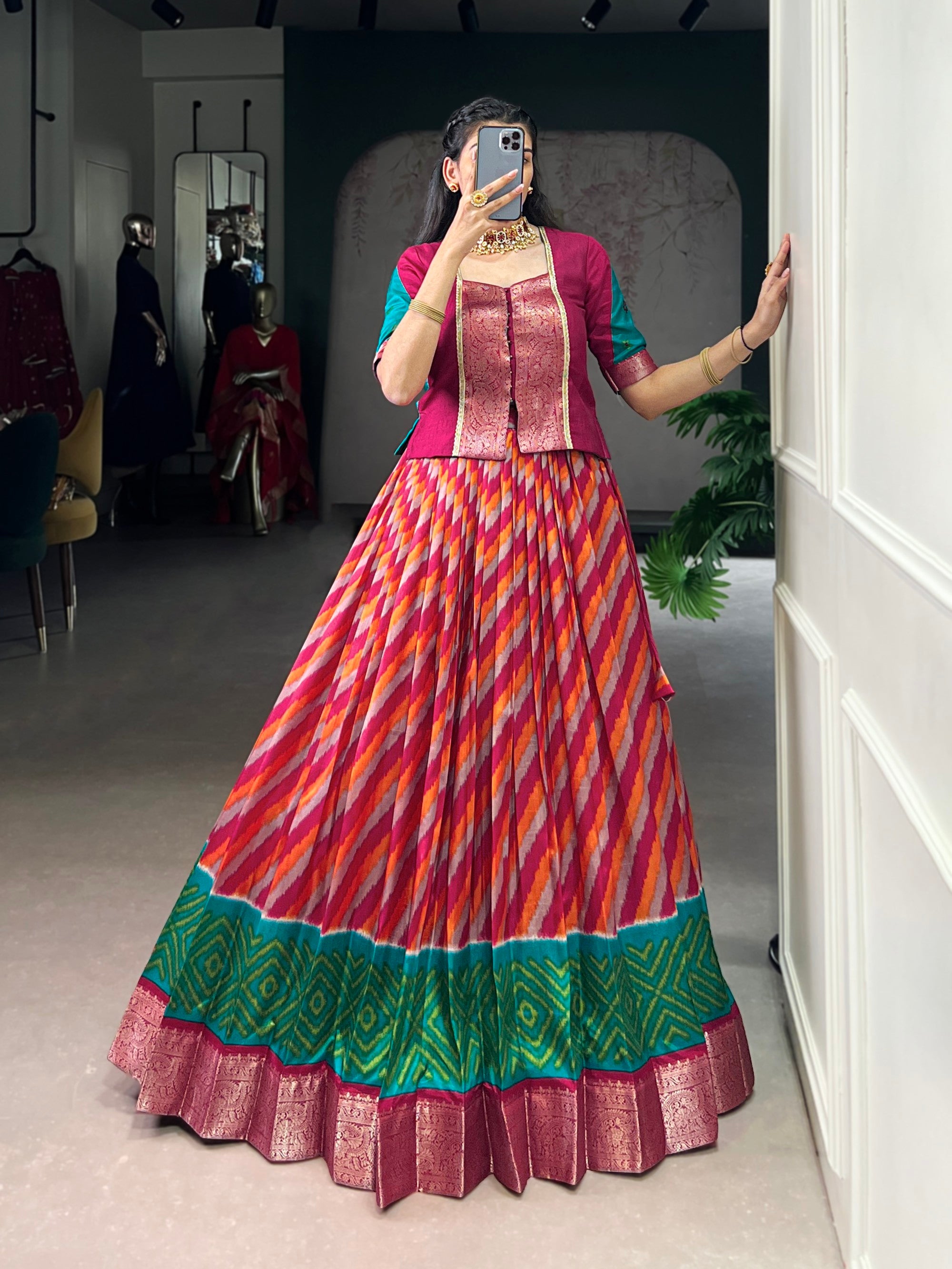 Lorenvalley Fashion Red Tasar Silk Leheriya Print With Zari Weaving Work Lehenga Choli
