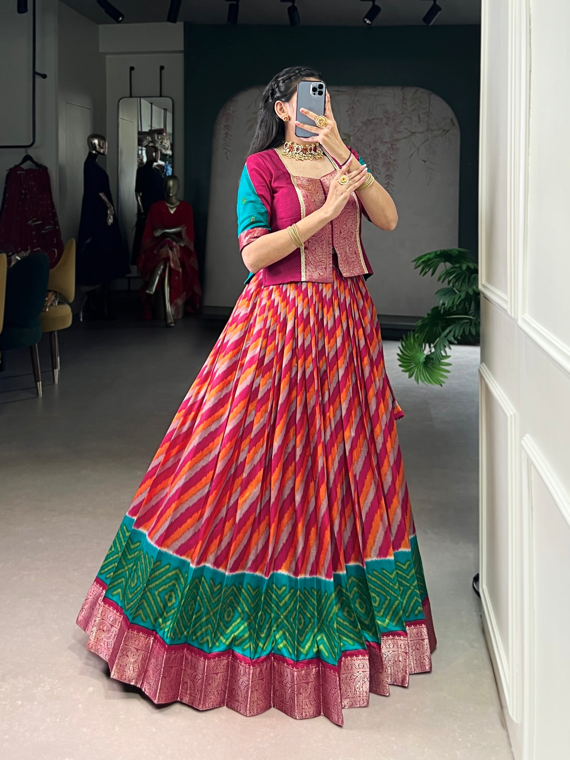 Lorenvalley Fashion Red Tasar Silk Leheriya Print With Zari Weaving Work Lehenga Choli