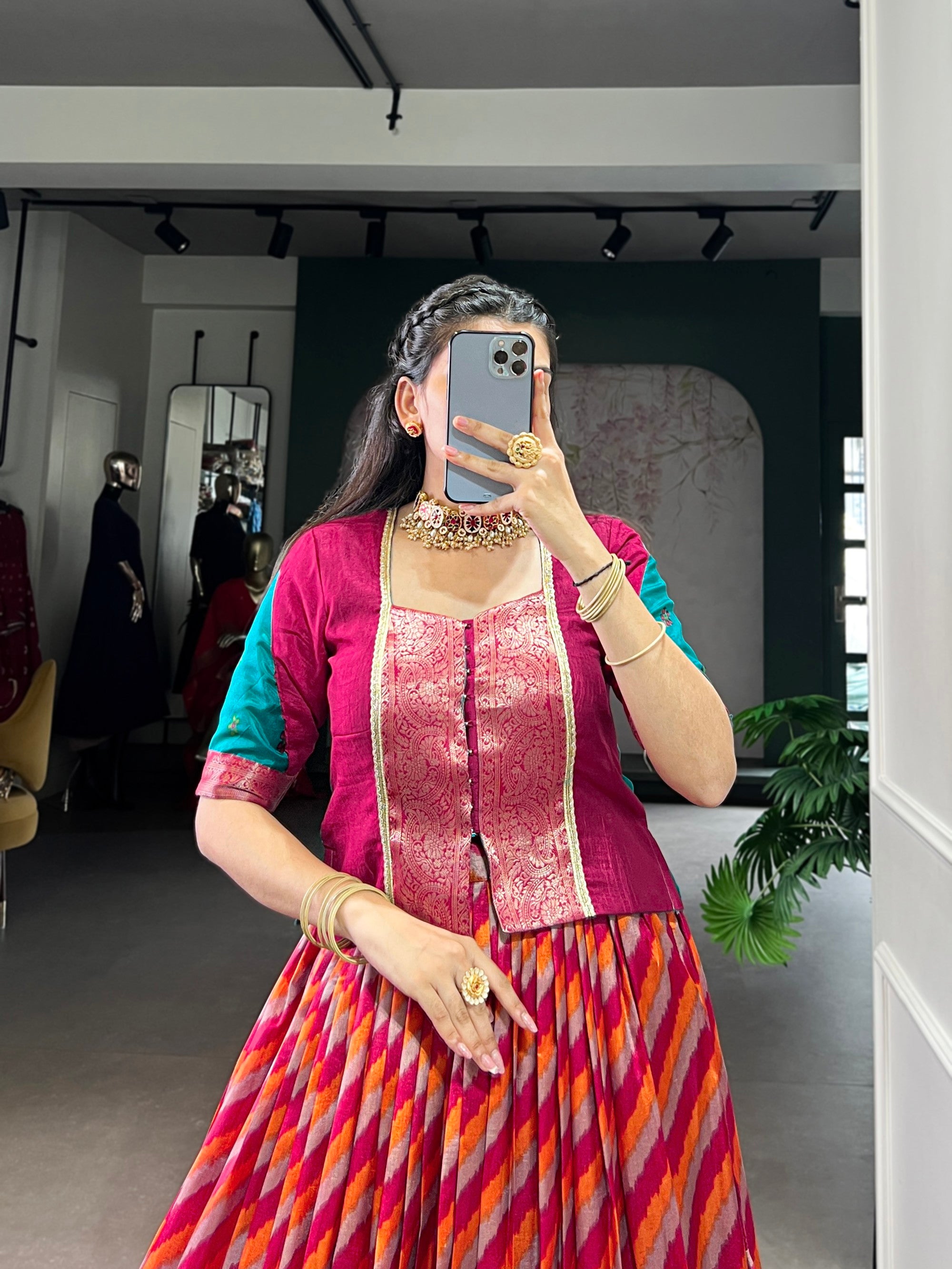 Lorenvalley Fashion Red Tasar Silk Leheriya Print With Zari Weaving Work Lehenga Choli