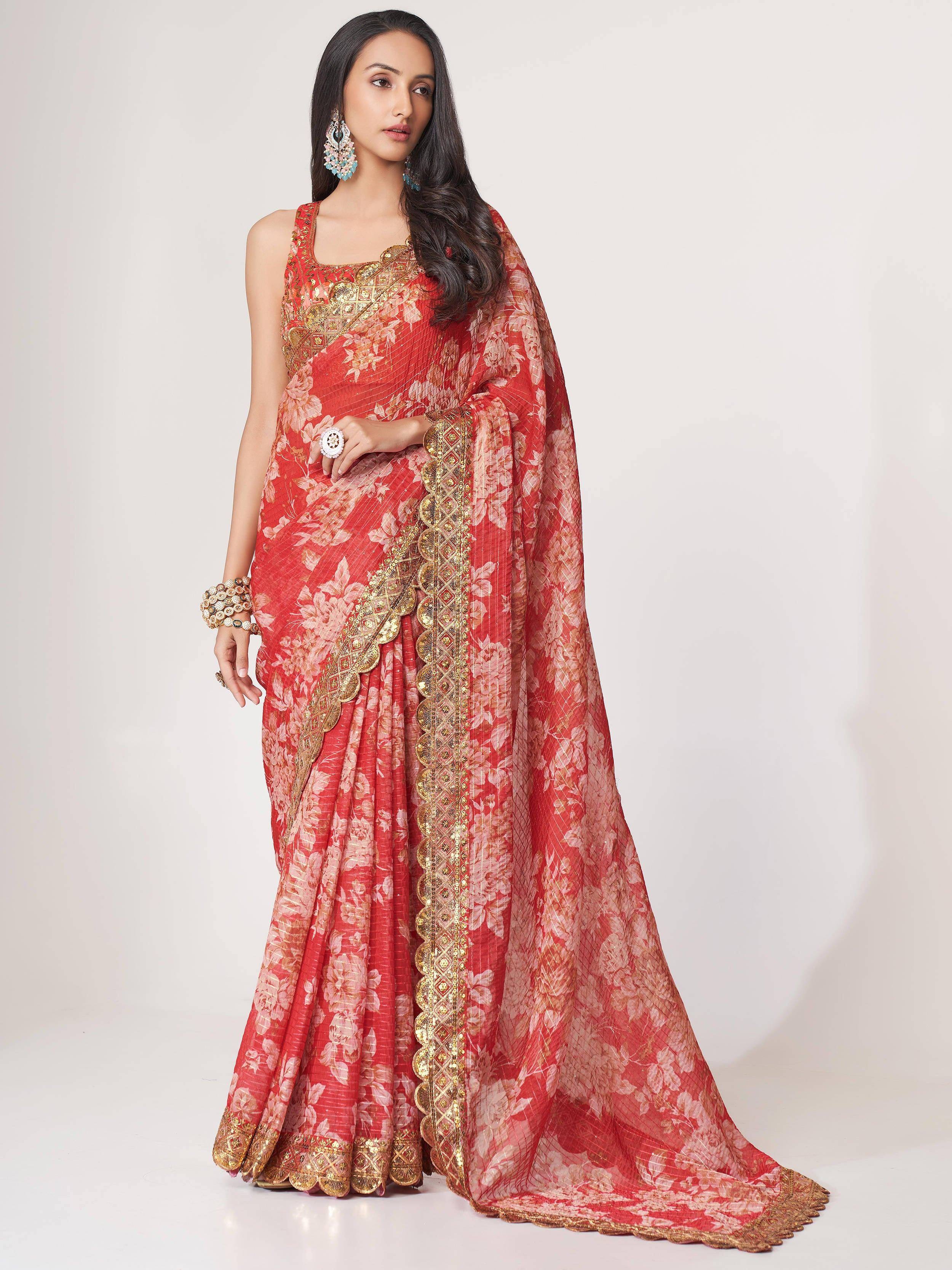 Tulsi Art Charming Red Floral Printed Organza Occasion Wear Saree - Dista