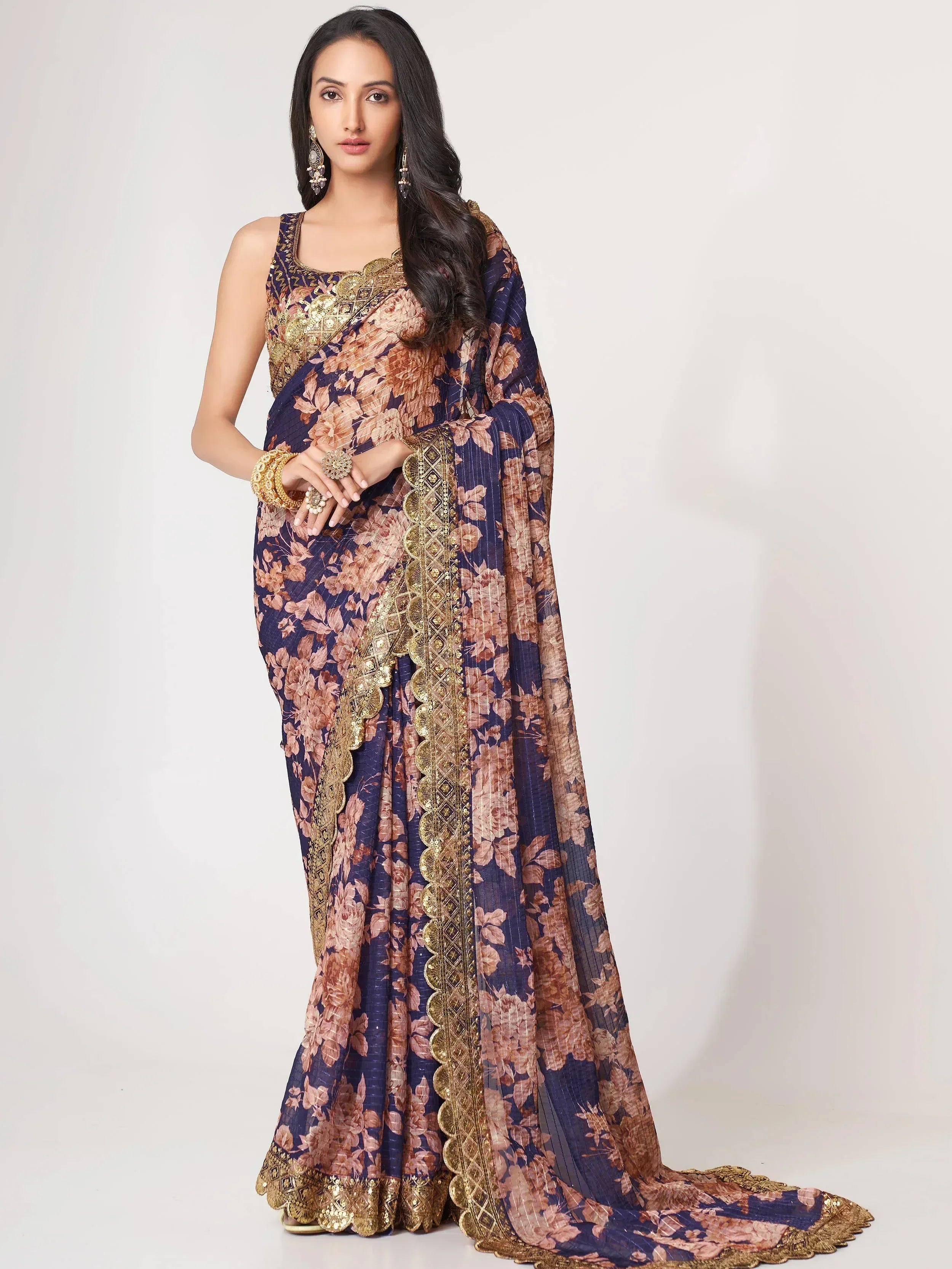 Tulsi Art Adorable Purple Floral Printed Organza Ceremony Wear Saree - Dista