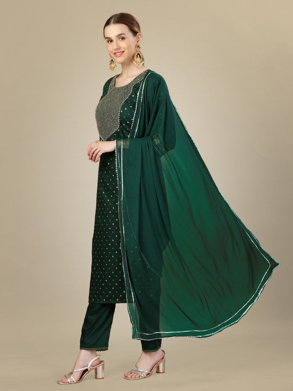 Malishka Women's Embroidered Silk Blend Kurta Pant Dupatta Set-Dark Green - Distacart