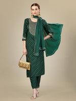 Thumbnail for Malishka Women's Embroidered Silk Blend Kurta Pant Dupatta Set-Dark Green - Distacart