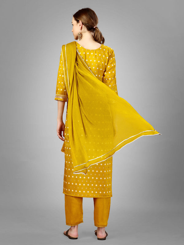 Malishka Women's Embroidered Silk Blend Kurta Pant Dupatta Set-Golden - Distacart