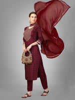 Thumbnail for Malishka Women's Embroidered Silk Blend Kurta Pant Dupatta Set-Maroon - Distacart