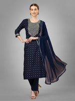 Thumbnail for Malishka Women's Embroidered Silk Blend Kurta Pant Dupatta Set-Navy Blue - Distacart
