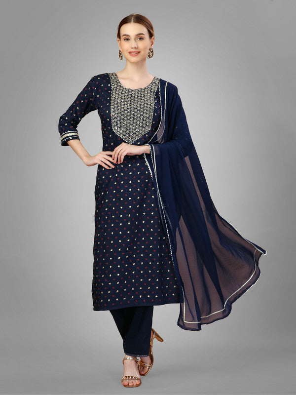 Malishka Women's Embroidered Silk Blend Kurta Pant Dupatta Set-Navy Blue - Distacart
