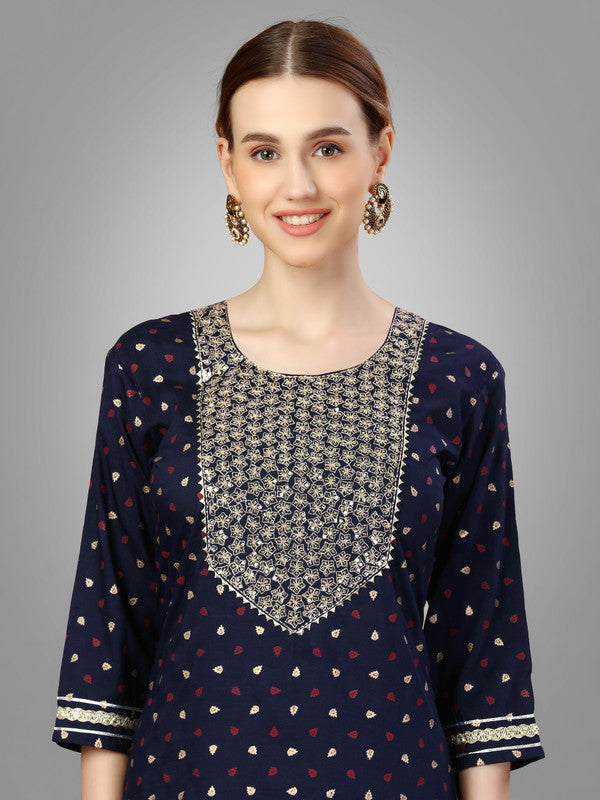 Malishka Women's Embroidered Silk Blend Kurta Pant Dupatta Set-Navy Blue - Distacart