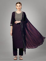 Thumbnail for Malishka Women's Embroidered Silk Blend Kurta Pant Dupatta Set-Purple - Distacart