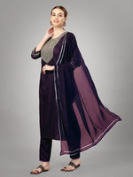Thumbnail for Malishka Women's Embroidered Silk Blend Kurta Pant Dupatta Set-Purple - Distacart