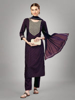 Thumbnail for Malishka Women's Embroidered Silk Blend Kurta Pant Dupatta Set-Purple - Distacart