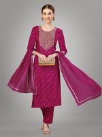 Thumbnail for Malishka Women's Embroidered Silk Blend Kurta Pant Dupatta Set-Rani - Distacart