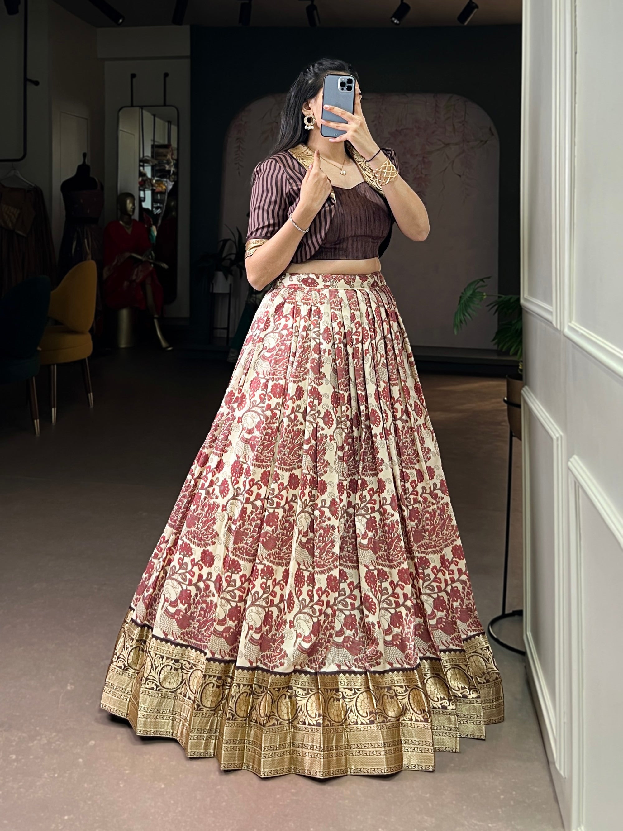 Lorenvalley Fashion Multicolor Tasar Silk Printed with Viscose Border Lehenga Choli