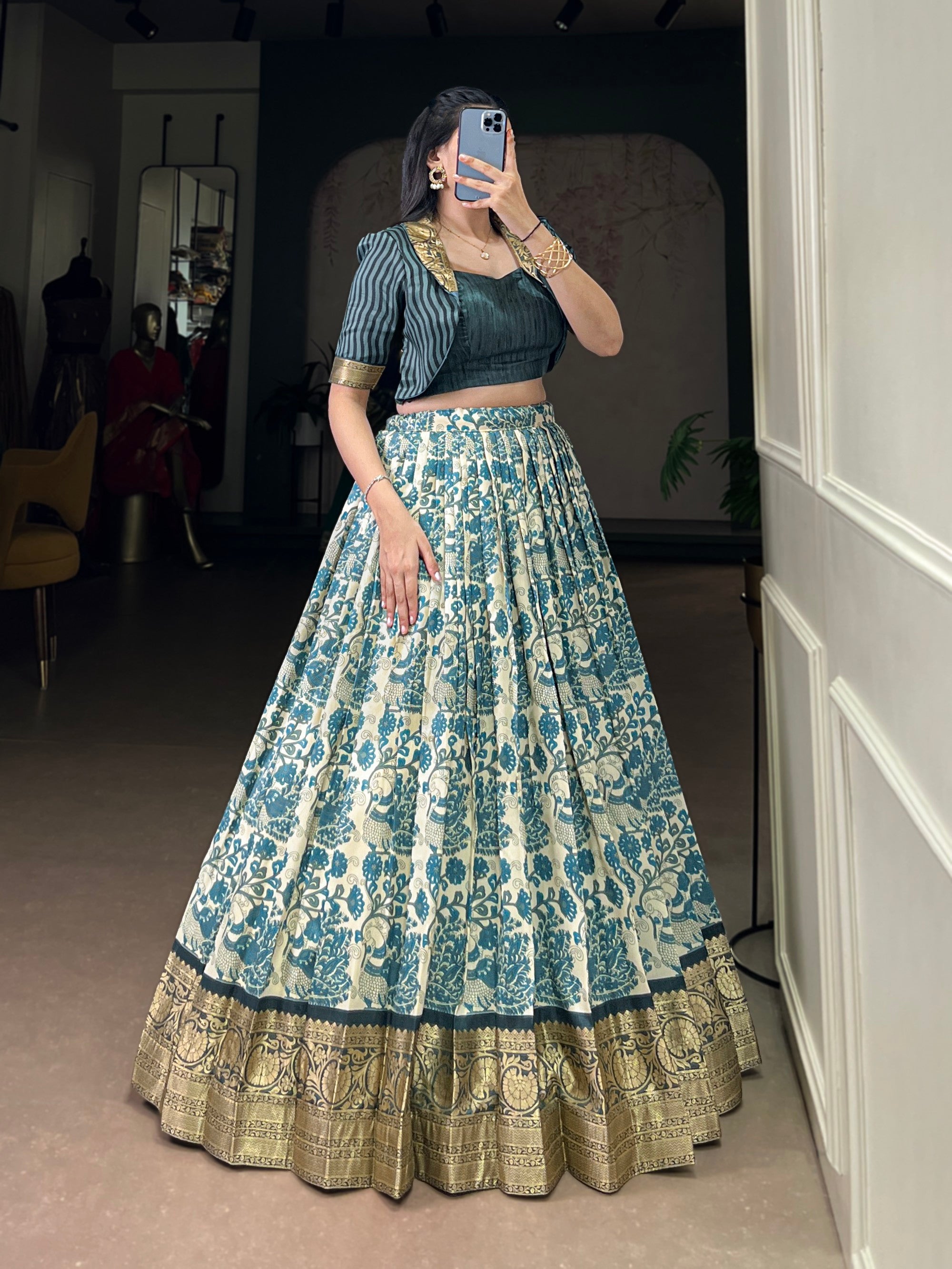 Lorenvalley Fashion Multicolor Tasar Silk Printed with Viscose Border Lehenga Choli