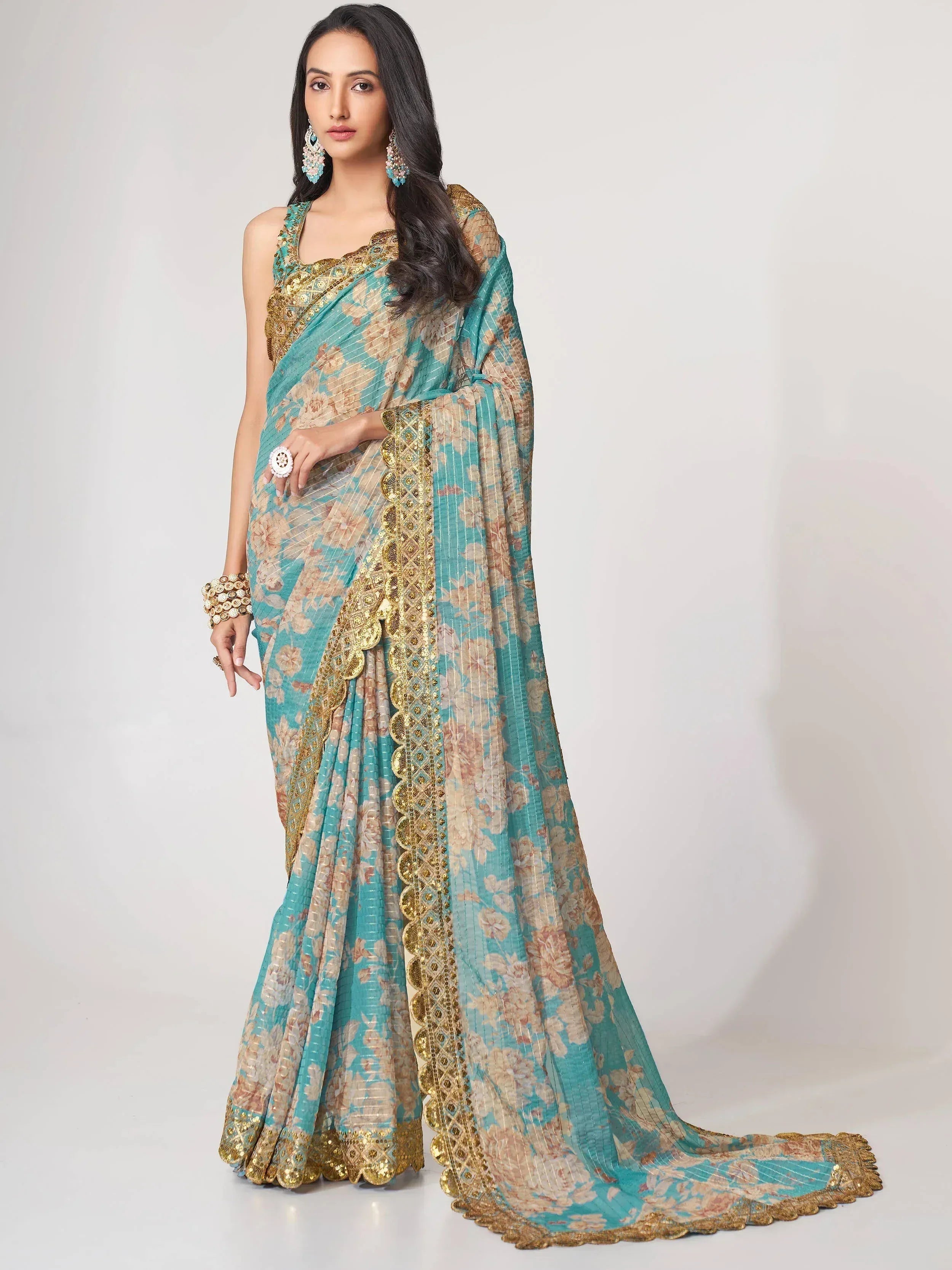 Tulsi Art Endearing Sky Blue Floral Printed Organza Carnival Wear Saree - Dista