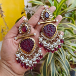 Thumbnail for Tehzeeb Creations Latest Gold Polish Kundan & Pearl Studded Designer Drop Long Earrings For Women And Girls Maroon - Distacart