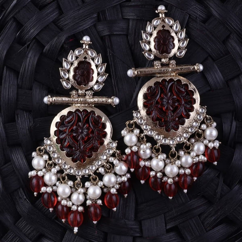 Tehzeeb Creations Latest Gold Polish Kundan & Pearl Studded Designer Drop Long Earrings For Women And Girls Maroon - Distacart