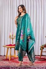 Thumbnail for Vedant Vastram Viscose Silk Hand Work & Embroidery Work Stitched Kurta Pant Dupatta Set-Green - Distacart