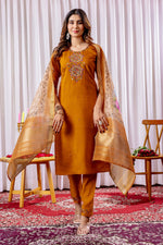 Thumbnail for Vedant Vastram Viscose Silk Hand Work & Embroidery Work Stitched Kurta Pant Dupatta Set-Mustard - Distacart