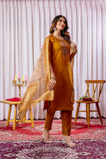 Thumbnail for Vedant Vastram Viscose Silk Hand Work & Embroidery Work Stitched Kurta Pant Dupatta Set-Mustard - Distacart