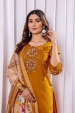 Thumbnail for Vedant Vastram Viscose Silk Hand Work & Embroidery Work Stitched Kurta Pant Dupatta Set-Mustard - Distacart