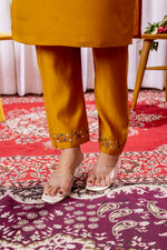Thumbnail for Vedant Vastram Viscose Silk Hand Work & Embroidery Work Stitched Kurta Pant Dupatta Set-Mustard - Distacart