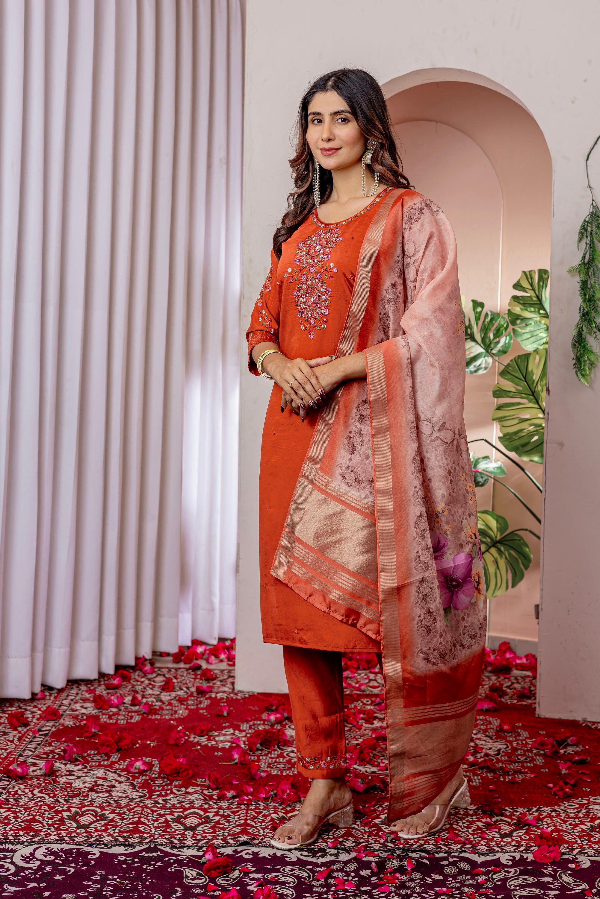 Vedant Vastram Viscose Silk Hand Work & Embroidery Work Stitched Kurta Pant Dupatta Set-Orange - Distacart