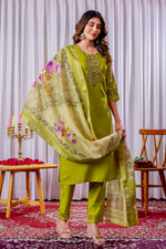 Thumbnail for Vedant Vastram Viscose Silk Hand Work & Embroidery Work Stitched Kurta Pant Dupatta Set-Parrot Green - Distacart