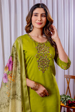 Thumbnail for Vedant Vastram Viscose Silk Hand Work & Embroidery Work Stitched Kurta Pant Dupatta Set-Parrot Green - Distacart