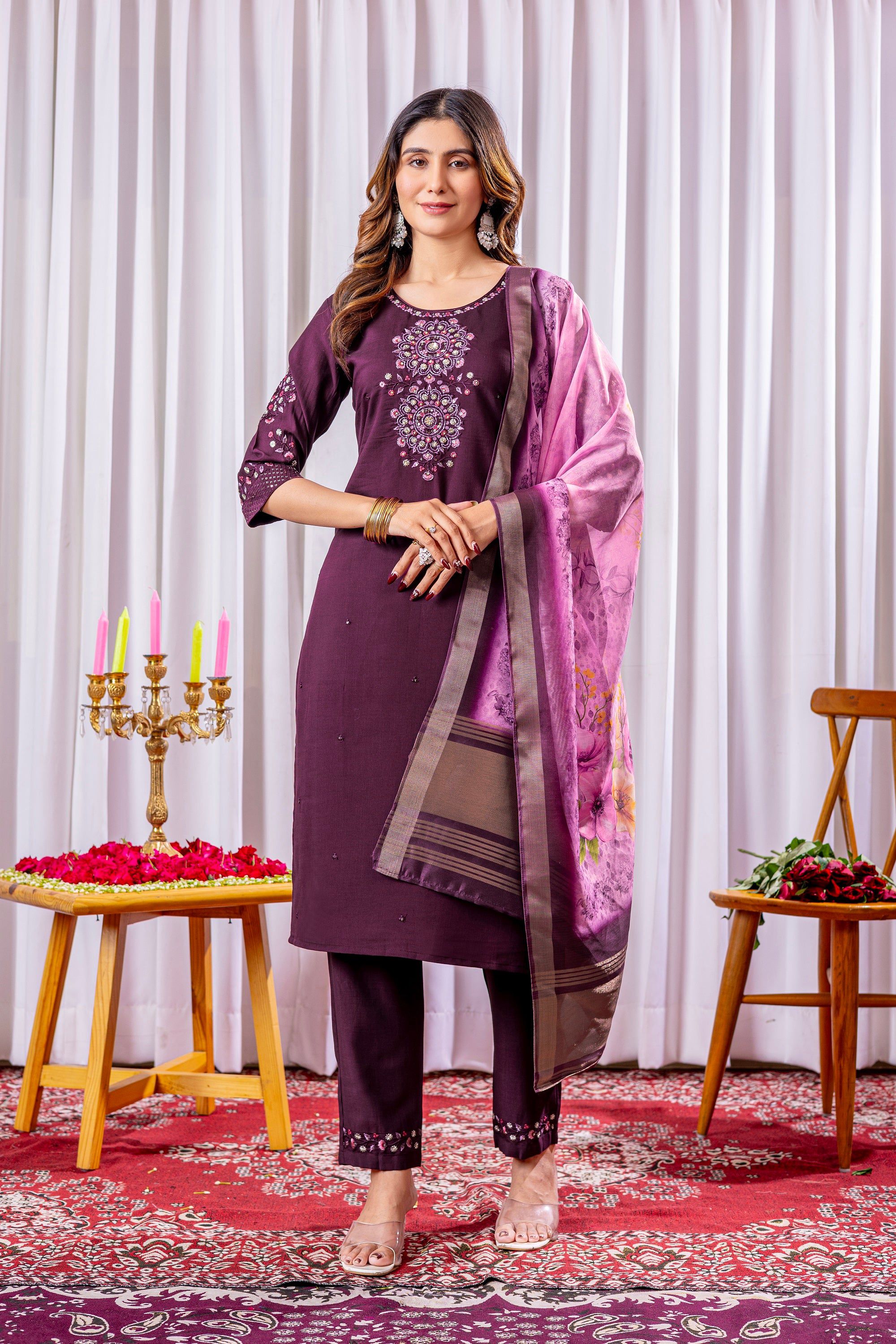 Vedant Vastram Viscose Silk Hand Work & Embroidery Work Stitched Kurta Pant Dupatta Set-Wine