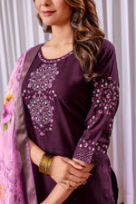 Thumbnail for Vedant Vastram Viscose Silk Hand Work & Embroidery Work Stitched Kurta Pant Dupatta Set-Wine - Distacart
