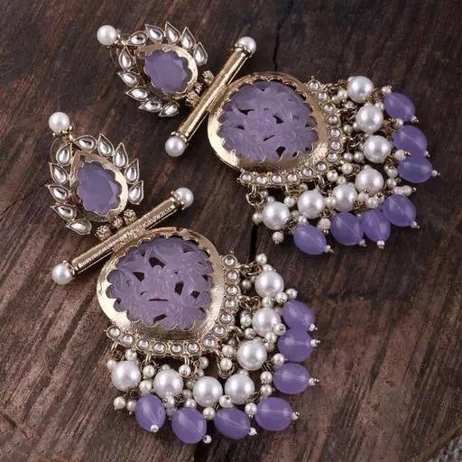 Tehzeeb Creations Latest Gold Polish Kundan & Pearl Studded Designer Drop Long Earrings For Women And Girls Lavender - Distacart