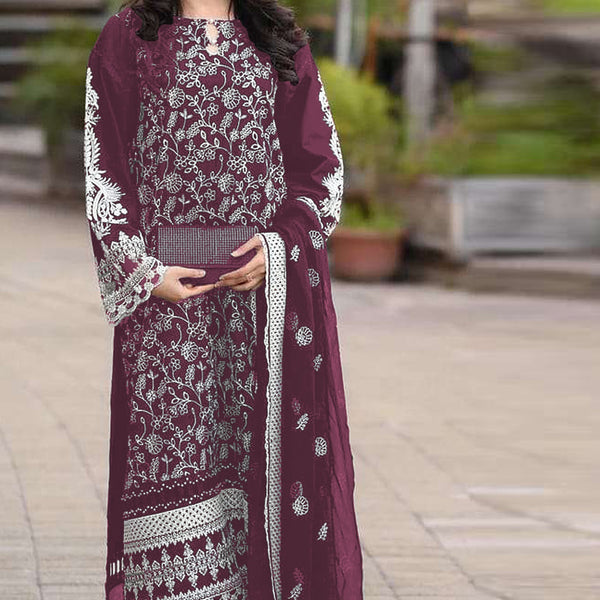 Anaita Purple Embroidered Faux Georgette Salwar Suit - Distacart