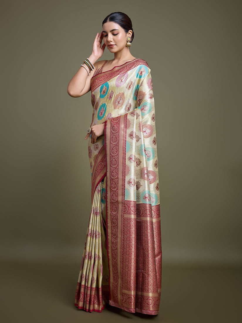 Monjolika Fashion Elegant Maroon And Cream Banarasi Silk SareeWith Intricate Zari Work - Distacart