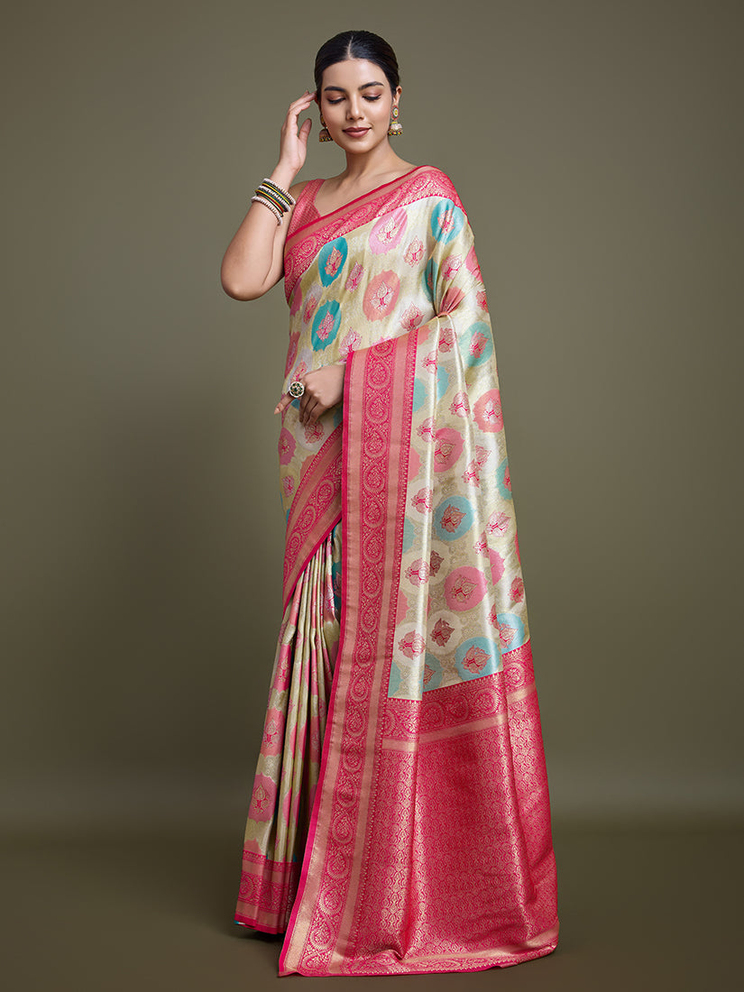 Monjolika Fashion Elegant Pink And Cream Banarasi Silk SareeWith Intricate Zari Work - Distacart